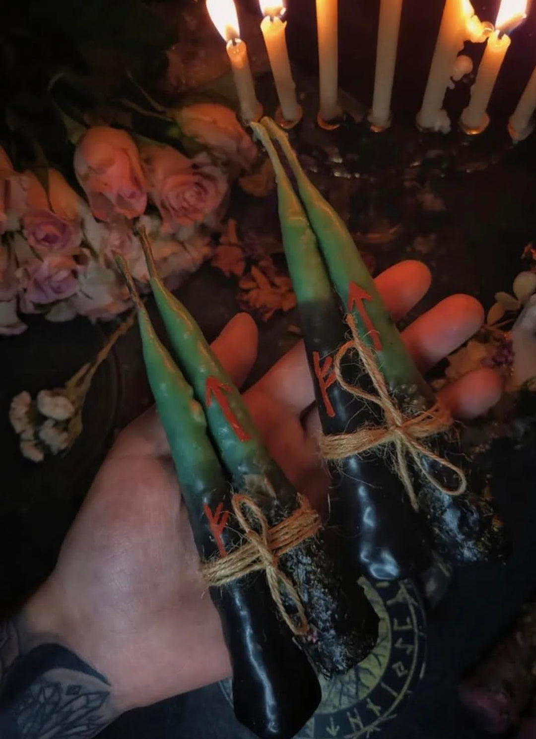 This is the Red rune black and green intention candle made by a witch up in Latvia.