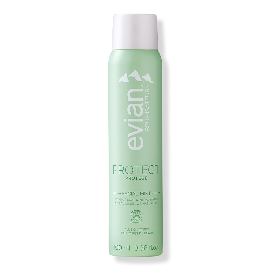 Evian facial mist bottle on a white background