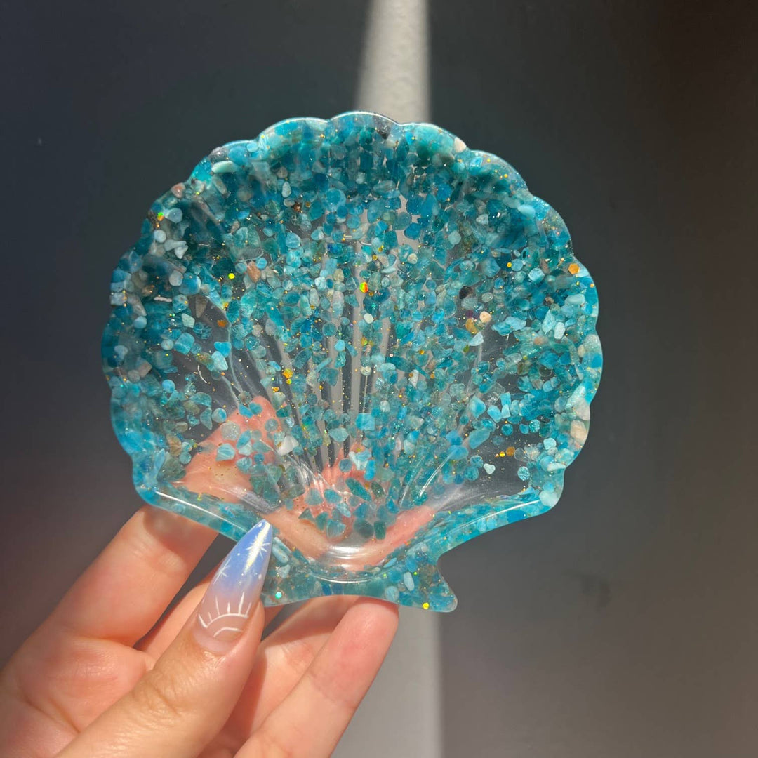 Blue Apatite Crystal Infused Seashell Resin Bowl