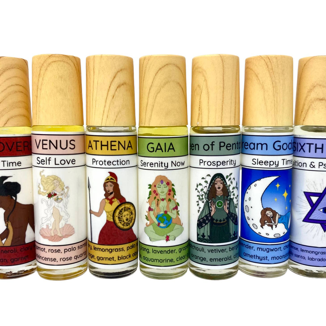 Athena Protection: Aromatic Essential Oil Rollers Infused with Crystals