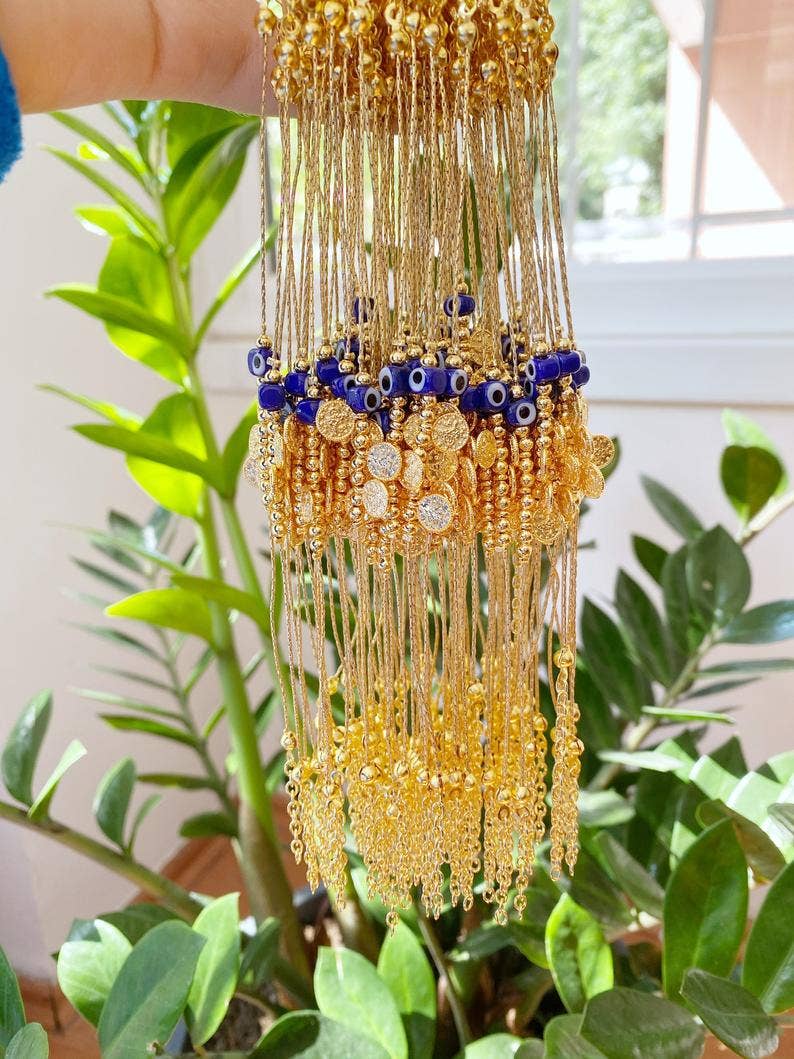 Blue Evil Eye Bead Bracelet, Gold Link Chain Bracelet, Murano Bead