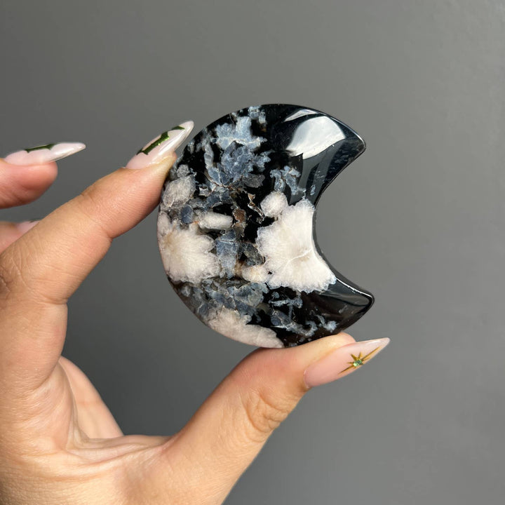 Image of Sapphire & Sage Black Flower Agate Crystal Moon
