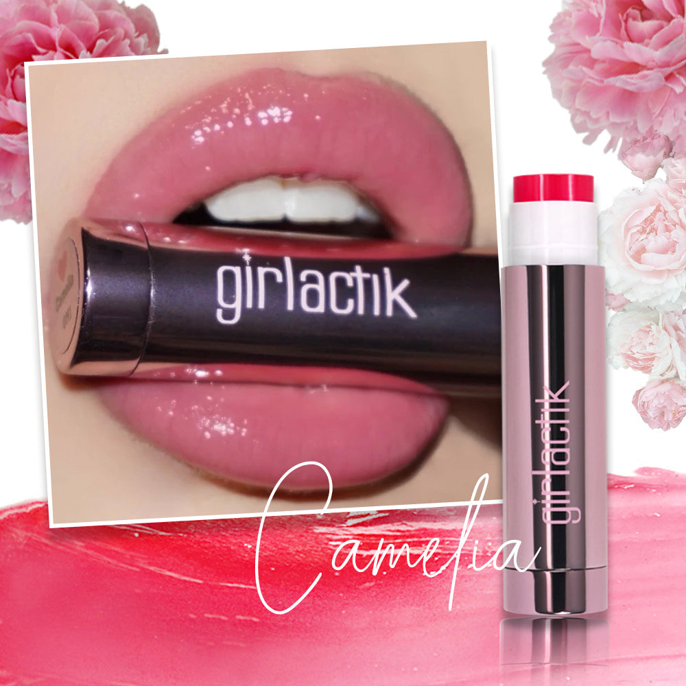 Camelia Jello Gloss Balm with cute picture of it applied on the lips