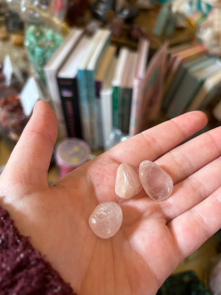 Rose Quartz Tumblers in palm