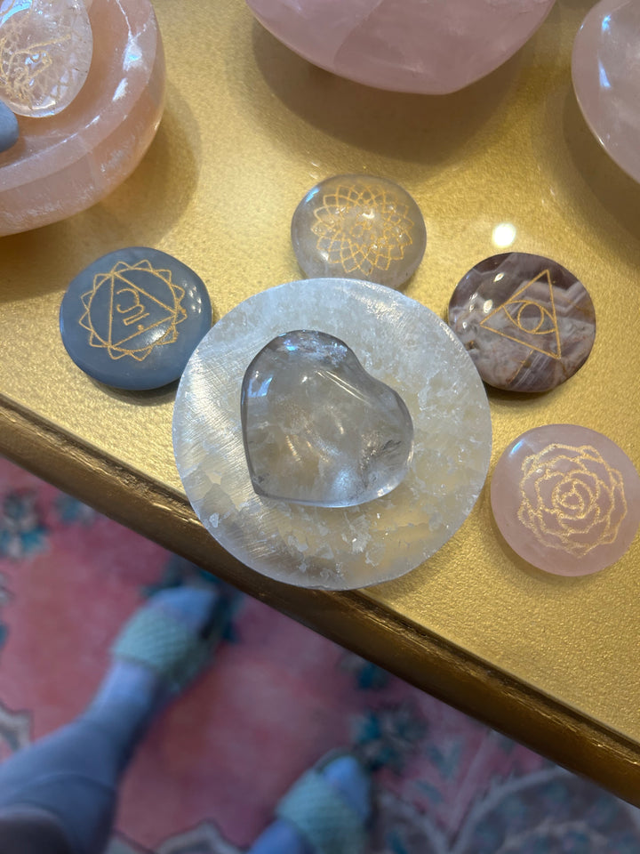 Small Selenite Charging Plate with a smoky quartz heart on top