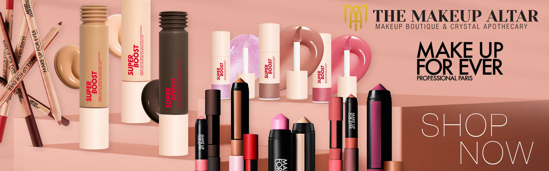 Makeup products including lipsticks and lip glosses on a pink background with 'The Makeup Altar' branding.