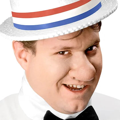 Person wearing a white hat with red and blue stripes and a white shirt with a black bow tie.