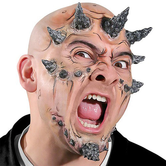 Devil-themed mask with horns and facial details on a white background