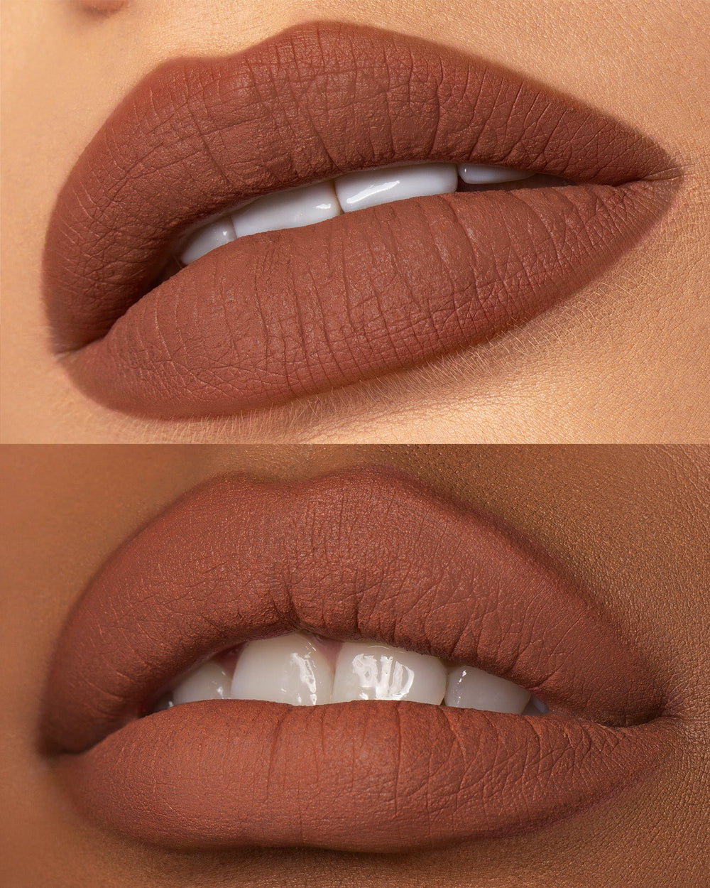This is the Spicy Velvet Mousse Lipstick on two different skin tones.
