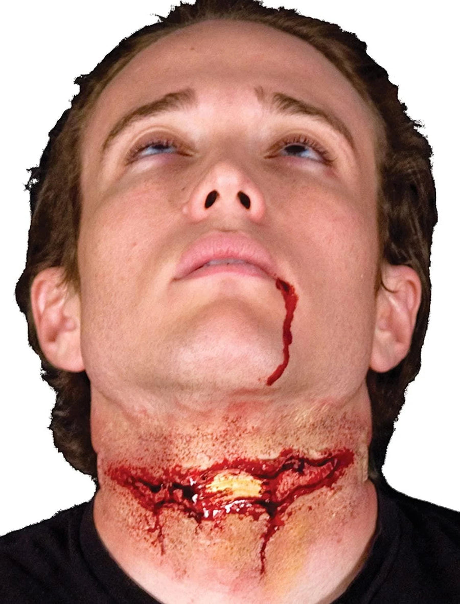 Man with a dramatic neck wound on a white background