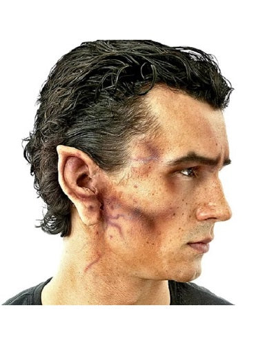 Side profile of a person with dark hair and visible facial features on a white background