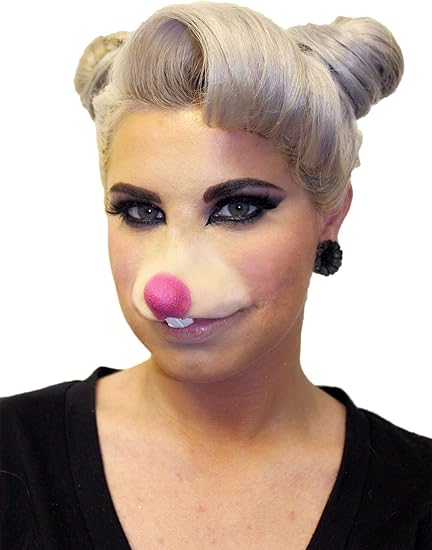 Person wearing a Mouse nose and hair bun on a white background