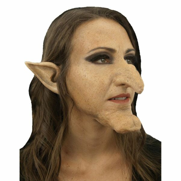 Person wearing an elf mask with pointed ears on a white background