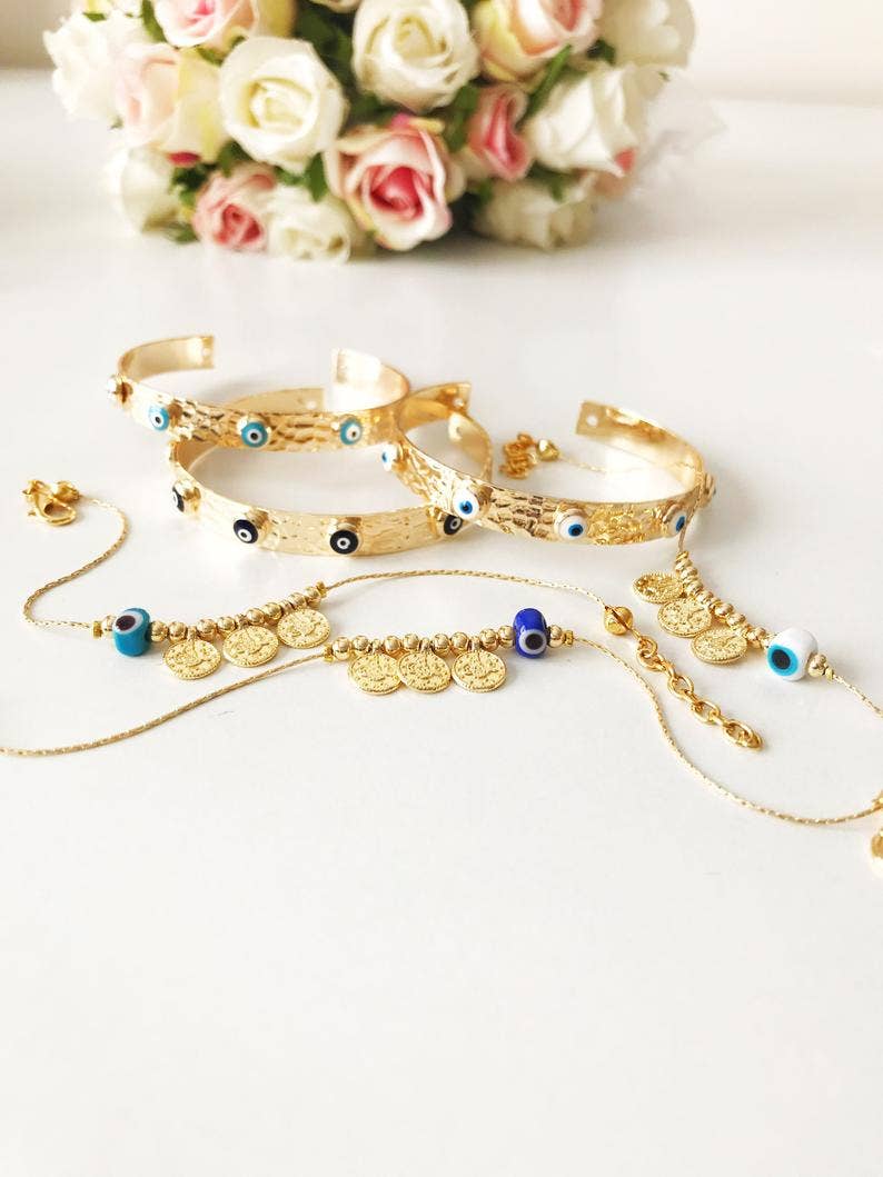 Blue Evil Eye Bead Bracelet, Gold Link Chain Bracelet, Murano Bead