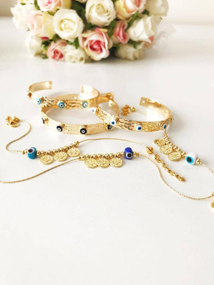 Blue Evil Eye Bead Bracelet, Gold Link Chain Bracelet, Murano Bead