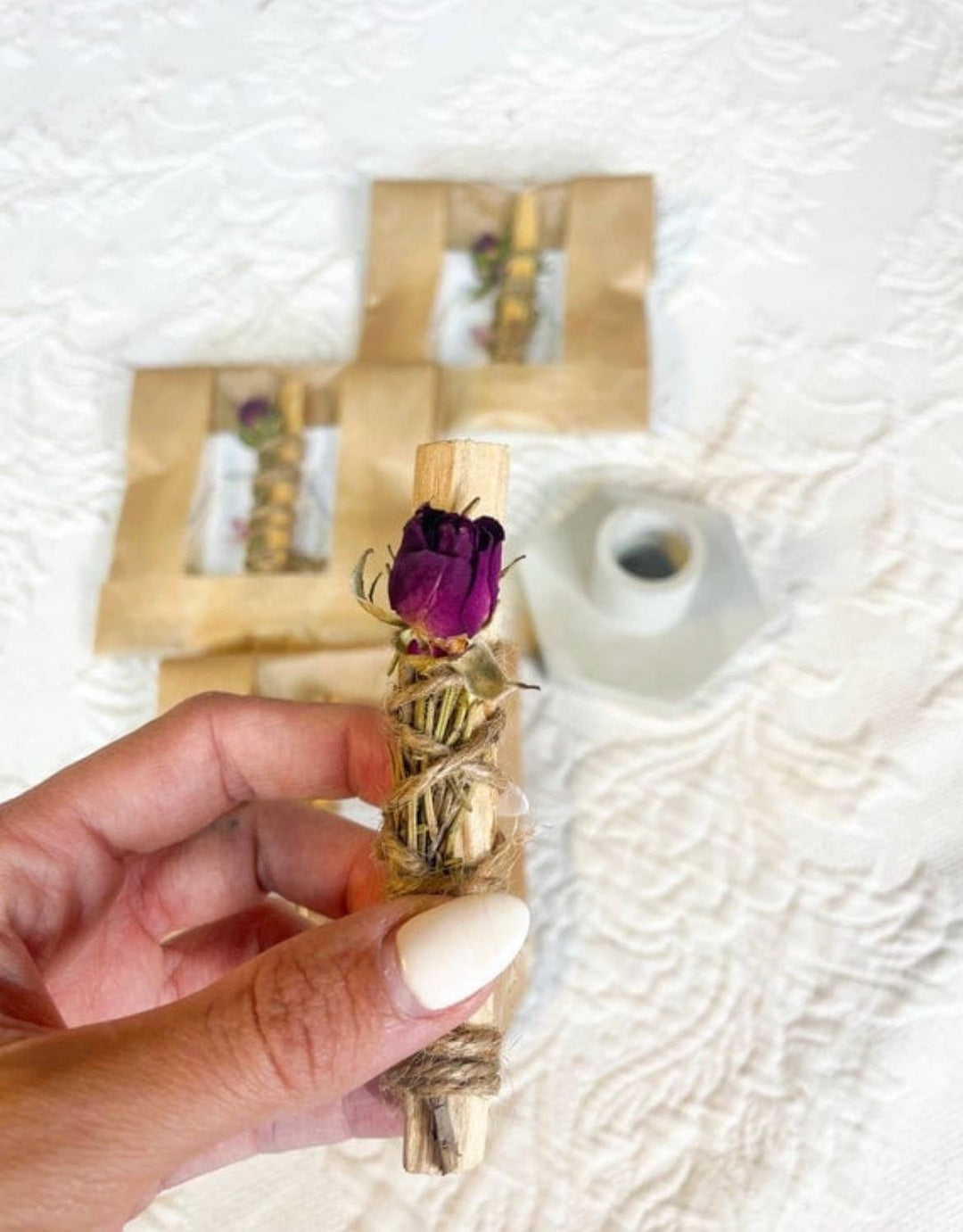 Smudge Stick with Rose , Palo Santo, Rosemary Herbal Wand
