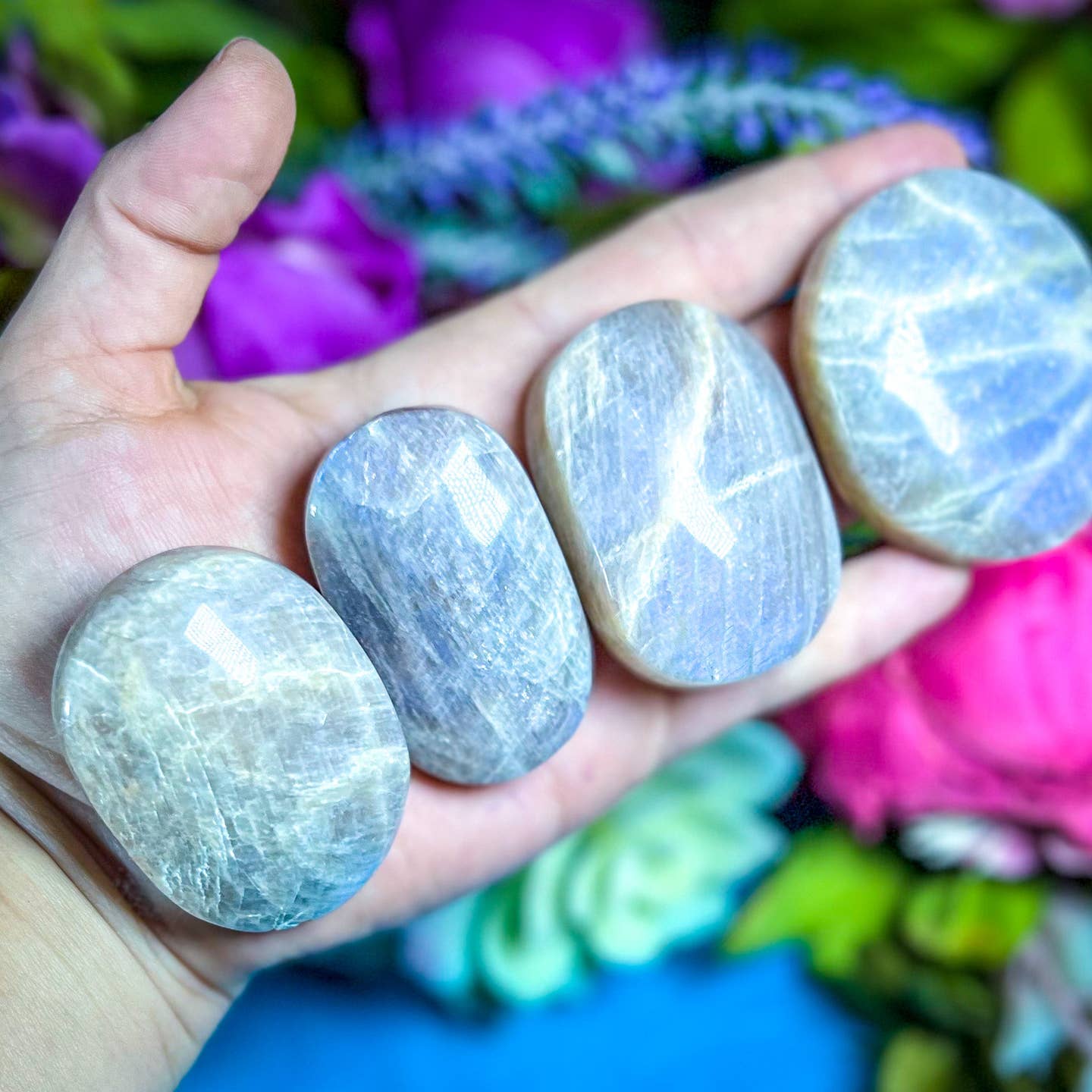 Medium Blue Moonstone Crystal Palmstones by Mandala Gems