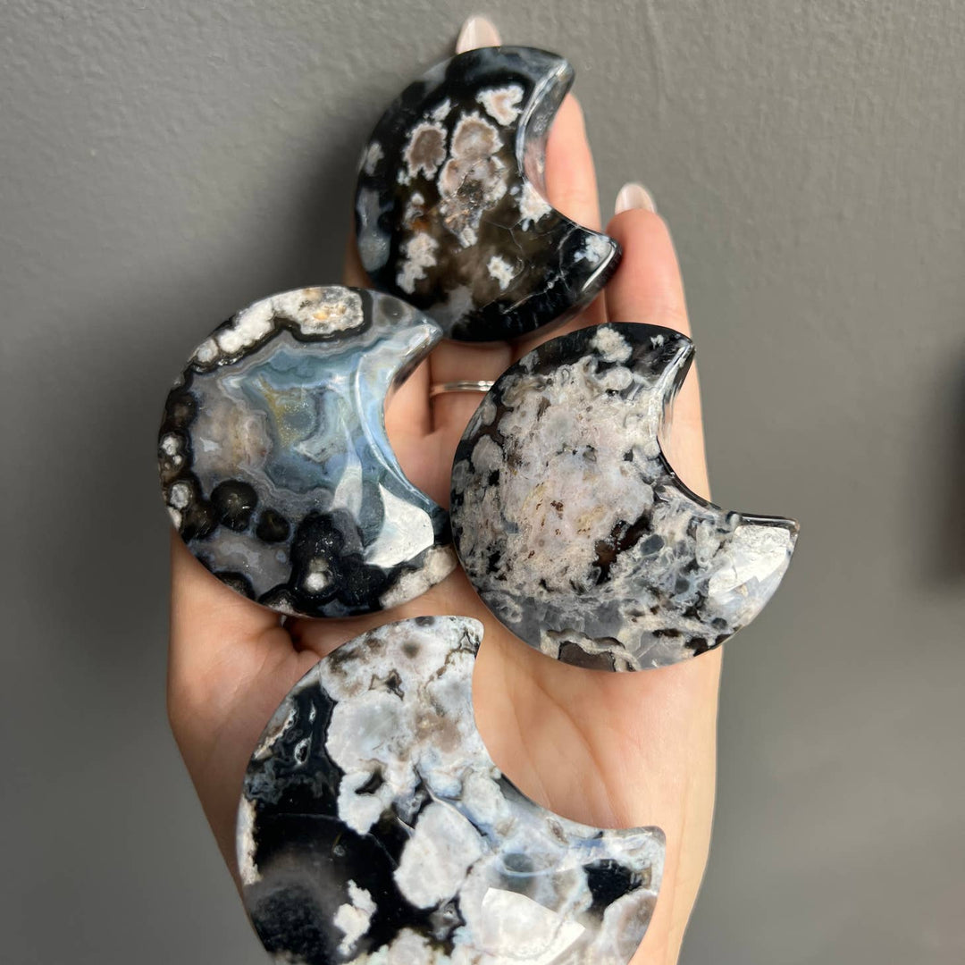 Black Flower Agate Crystal Moon