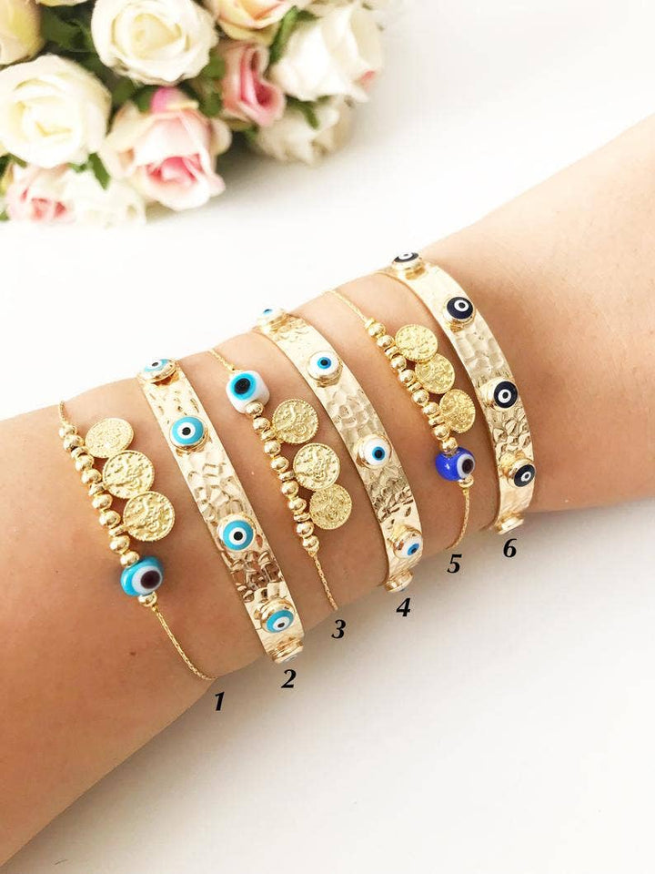 Blue Evil Eye Bead Bracelet, Gold Link Chain Bracelet, Murano Bead