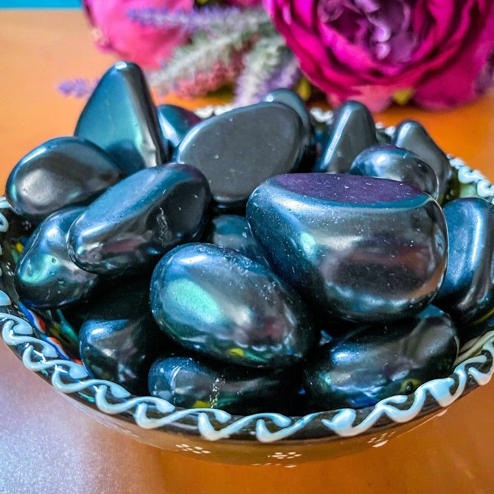 Polished Shungite Tumbles in a bowl