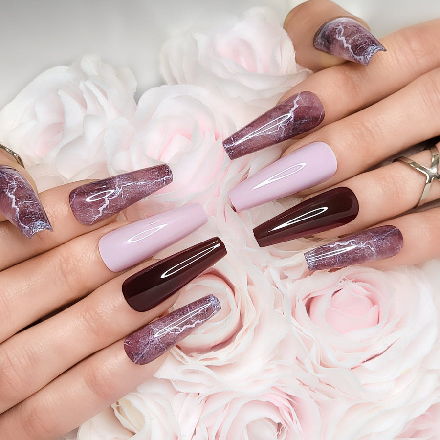 Image of Hypnaughty Bordeaux Marble XL Coffin Press-On Nails