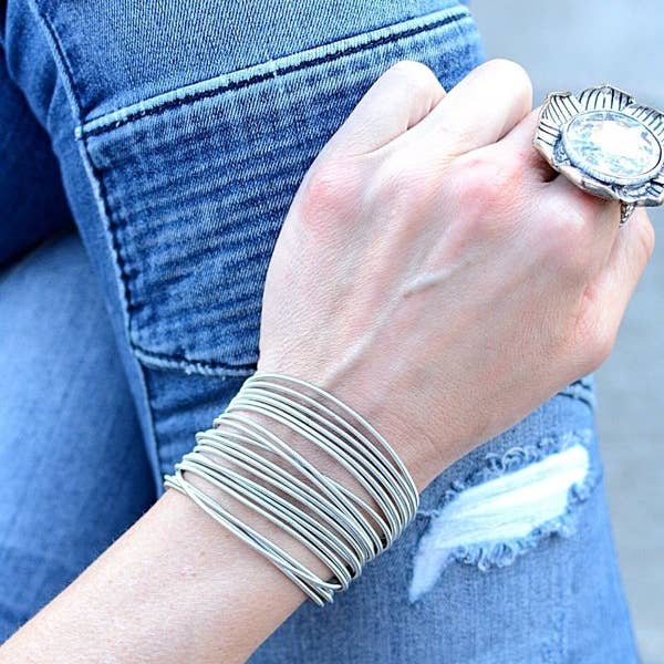 Guitar String Stackable Bracelets Stackable Stretchy Set 5 Silver