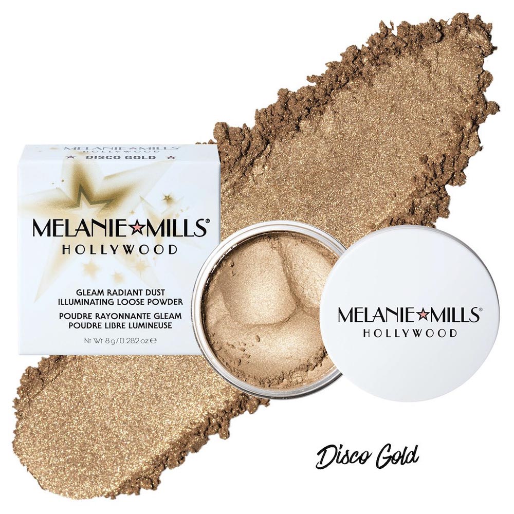 DISCO GOLD Gleam Radiant Dust with swatch behind packaging
