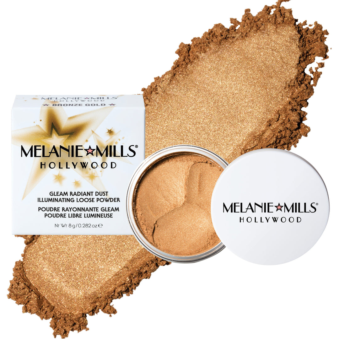 BRONZE GOLD Gleam Radiant Dust swatched with the packaging