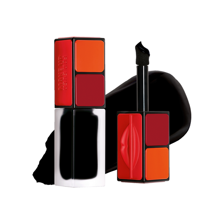 Lipstick with red and orange shades on a white background