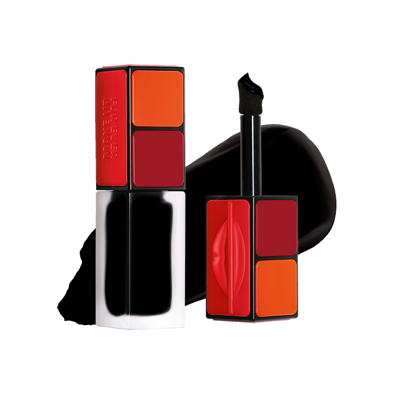 Lipstick with red and orange shades on a white background