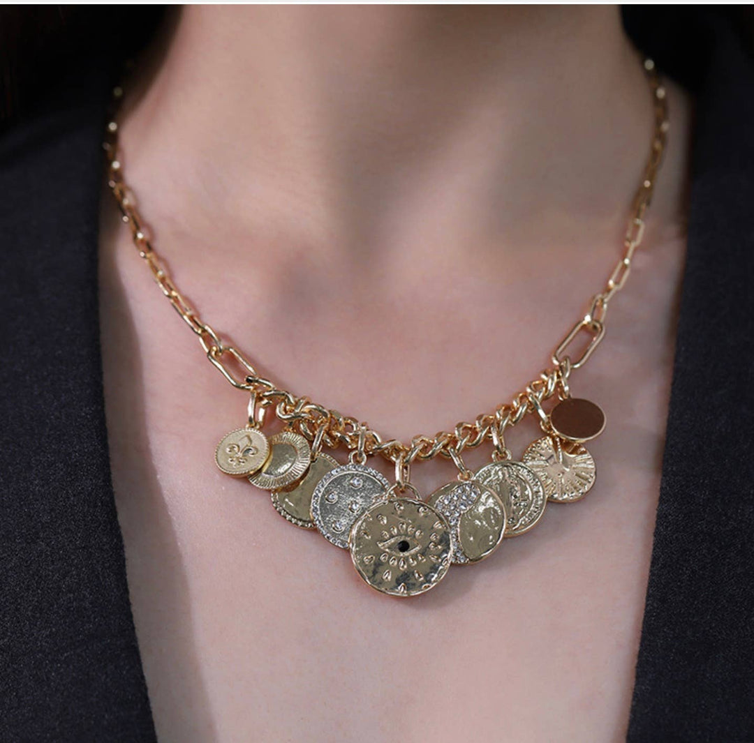 Celestial Multi Charm Paperclip Necklace- 9 COINS