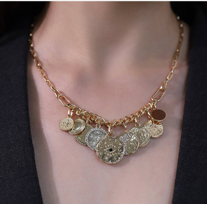 Celestial Multi Charm Paperclip Necklace- 9 COINS