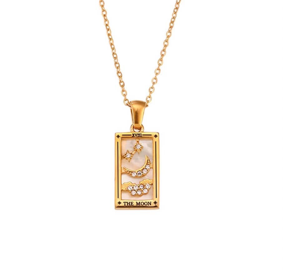 The Moon Enamel Tarot Card Necklace 18K with rhinestones stones