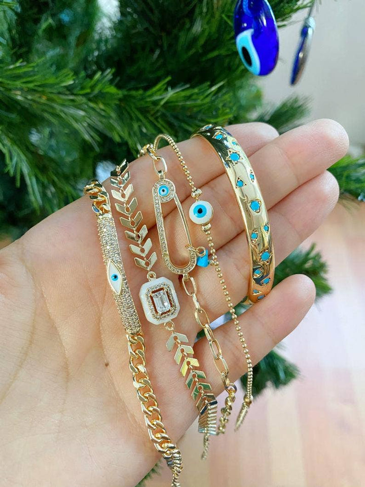 White Evil Eye Bracelet, Gold Evil Eye Jewelry Set, Greek Ev