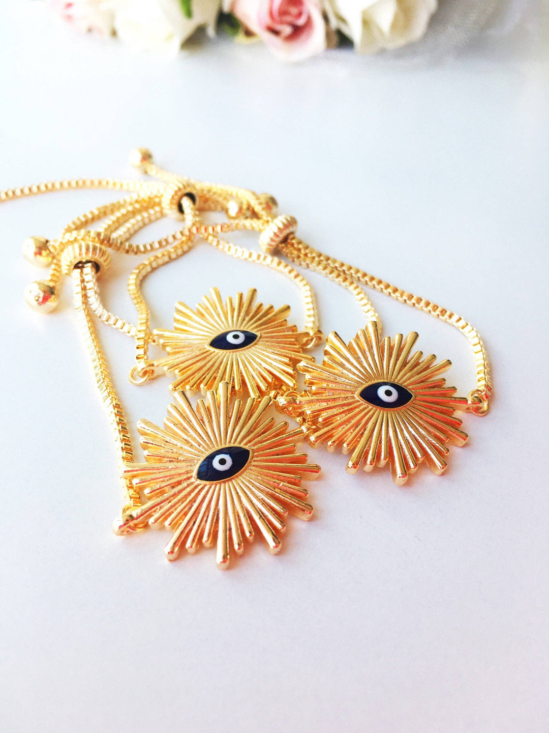 Gold Evil Eye Bracelet, Adjustable Greek Jewelry