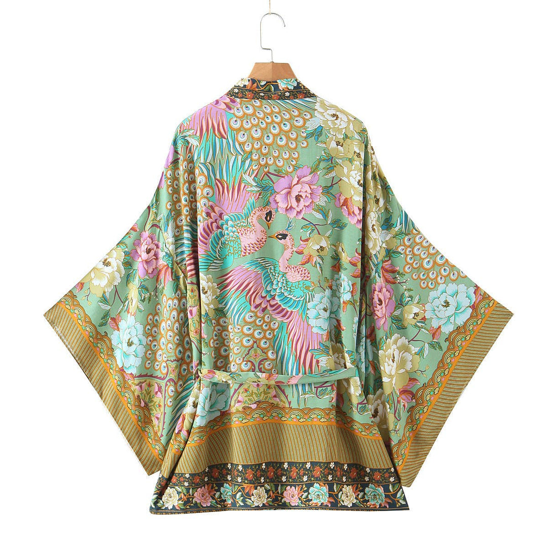 Vibrant Boho Beach Peacock Print Tie-Waist Kimono