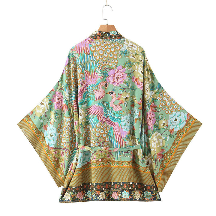Vibrant Boho Beach Peacock Print Tie-Waist Kimono