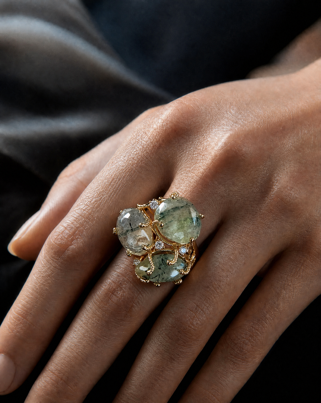 Prehnite Multi-Stone Statement Ring | Adjustable Open Band | Gemstone Cocktail Ring