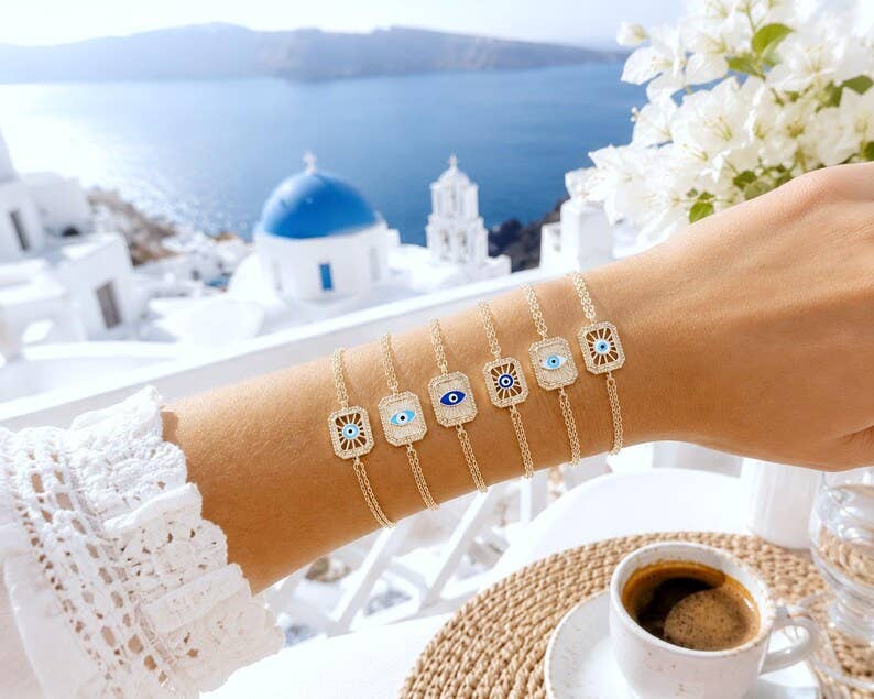 Blue Evil Eye Gold Chain Bracelet, Adjustable Dainty Style