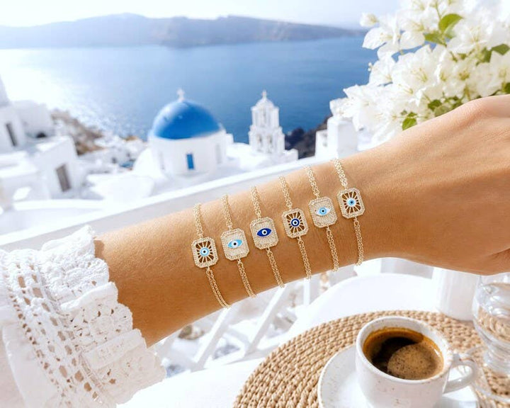 Blue Evil Eye Gold Chain Bracelet, Adjustable Dainty Style