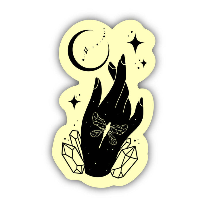 Mystic Crystals, Dragonfly, Moon, and Stars Sticker - Yellow