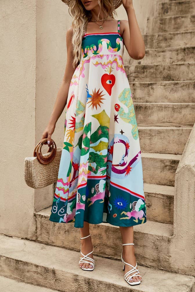 Wonderland print swing strap fairy midi dress