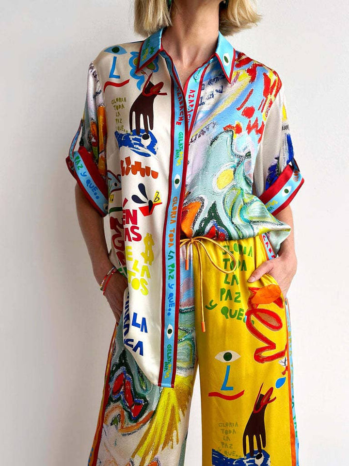 Unique Resort Print Loungewear Set With Elastic Waist And Pockets