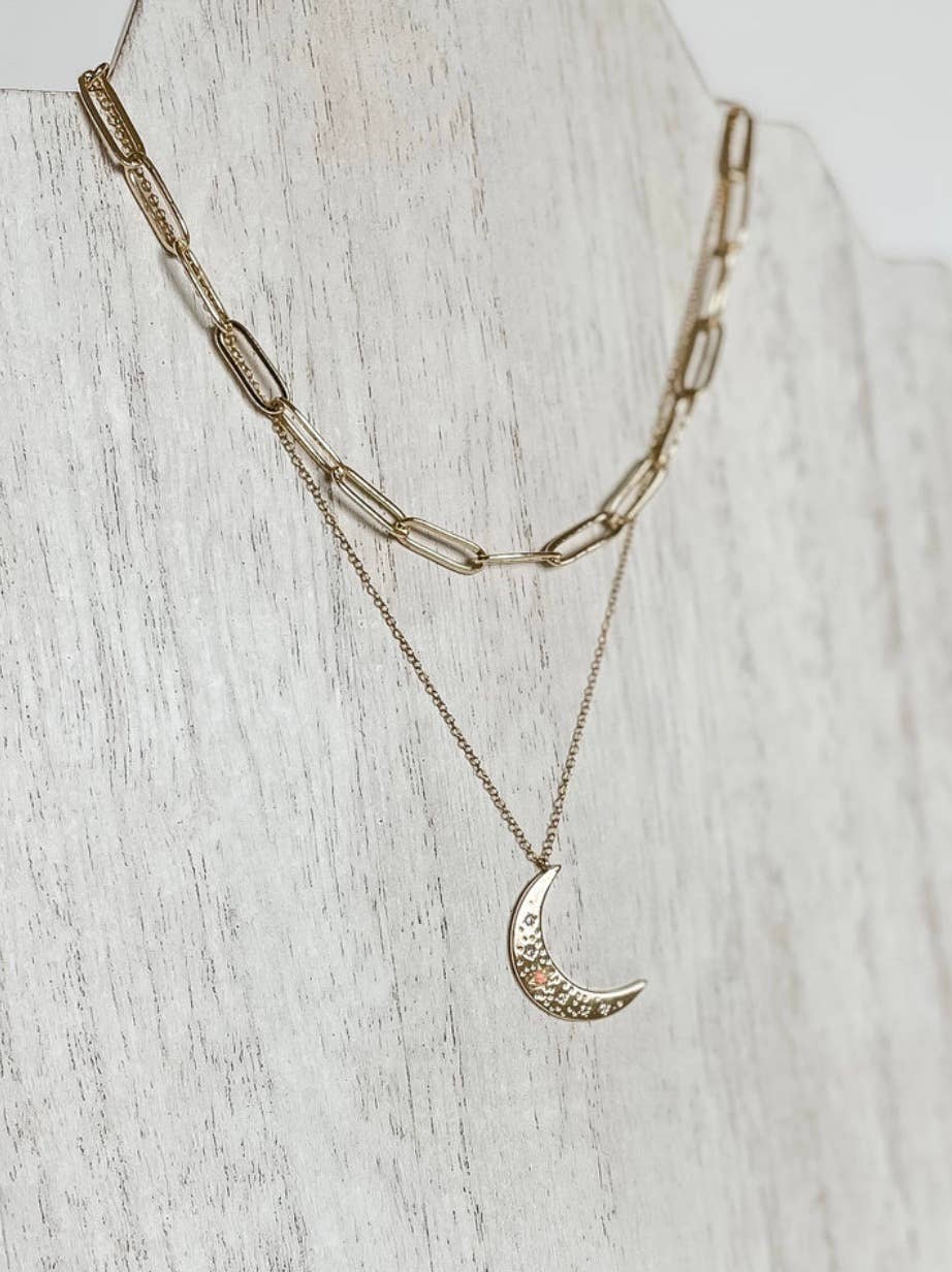 Crescent Moon Opal and Crystal Steel 14K Gold Necklace