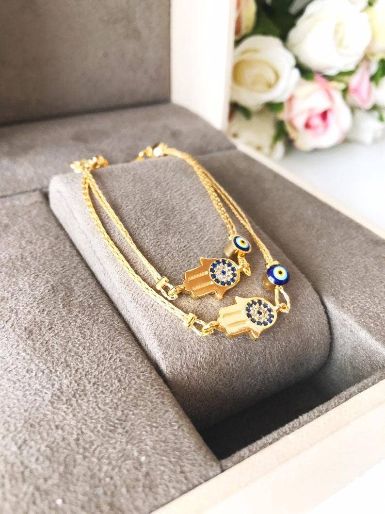 Hamsa Evil Eye Bracelet, Gold Chain Bracelet, Greek Jewelry