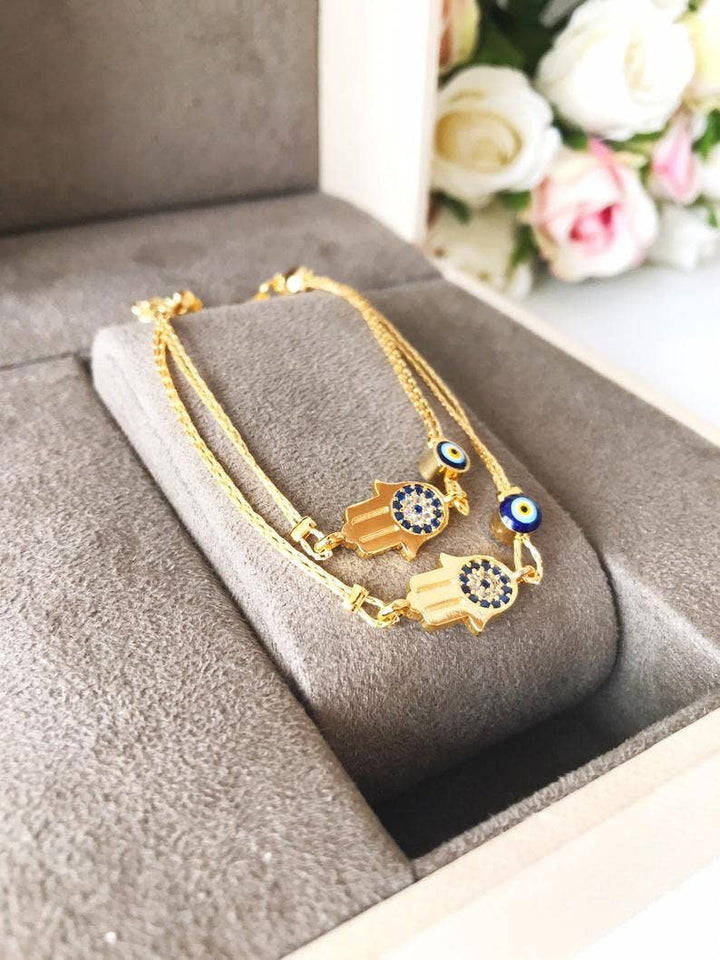 Hamsa Evil Eye Bracelet, Gold Chain Bracelet, Greek Jewelry