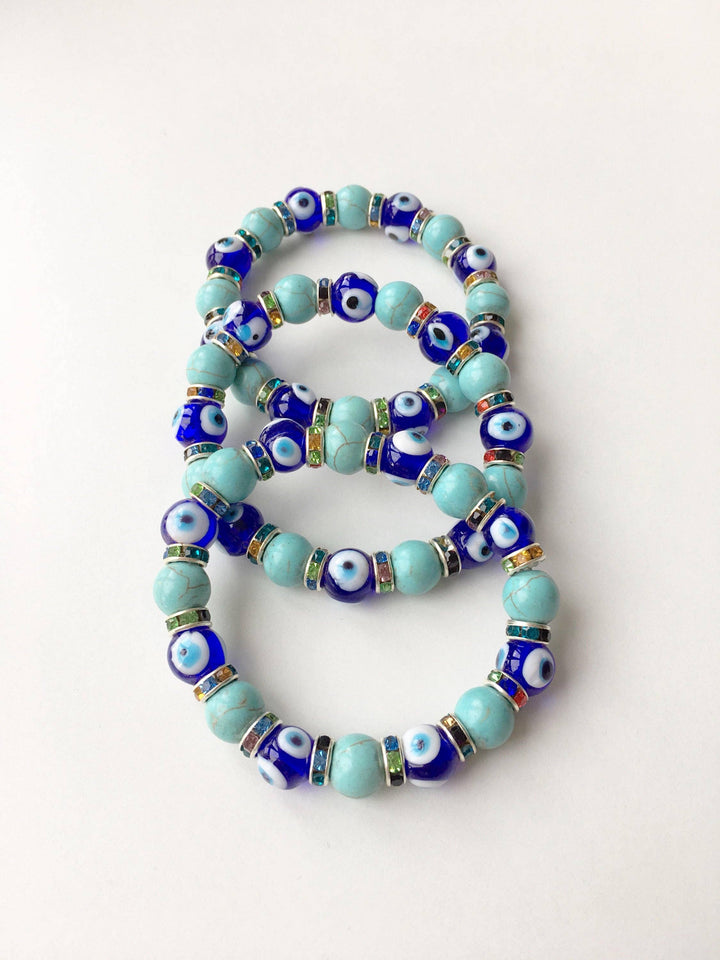 Blue Evil Eye Glass Bead Stretch Bracelet