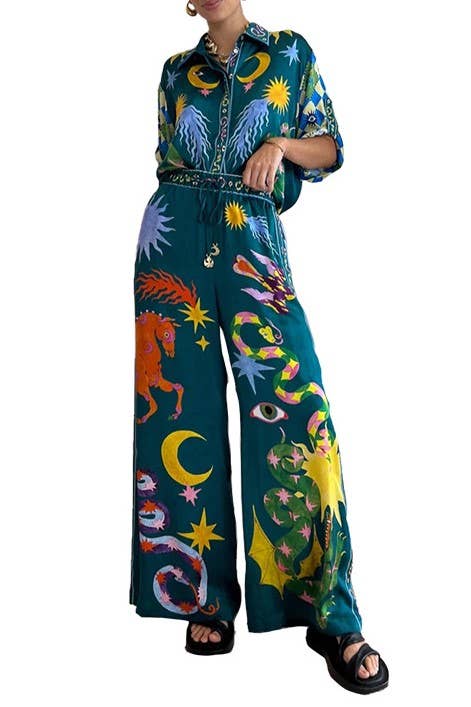 Wonderland print polyester blouse pants 2 piece set