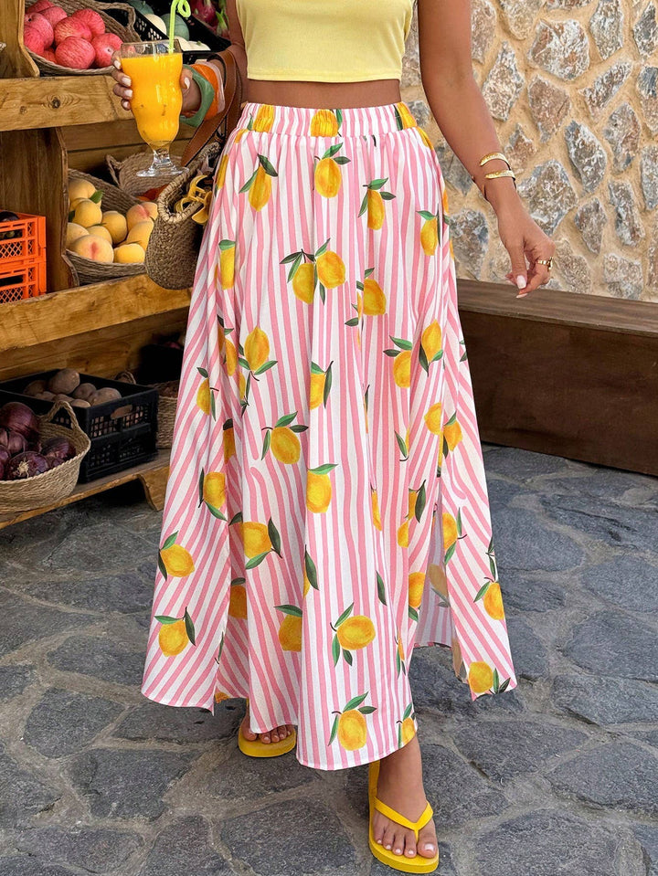 Striped Colorful A-Line Beach Flowy Skirt Blue Stripes With Lemons