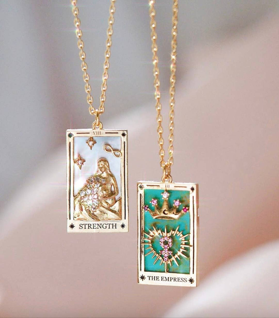 Tarot Card Necklace- Strength- Wrestling a Lion. 18K Gold